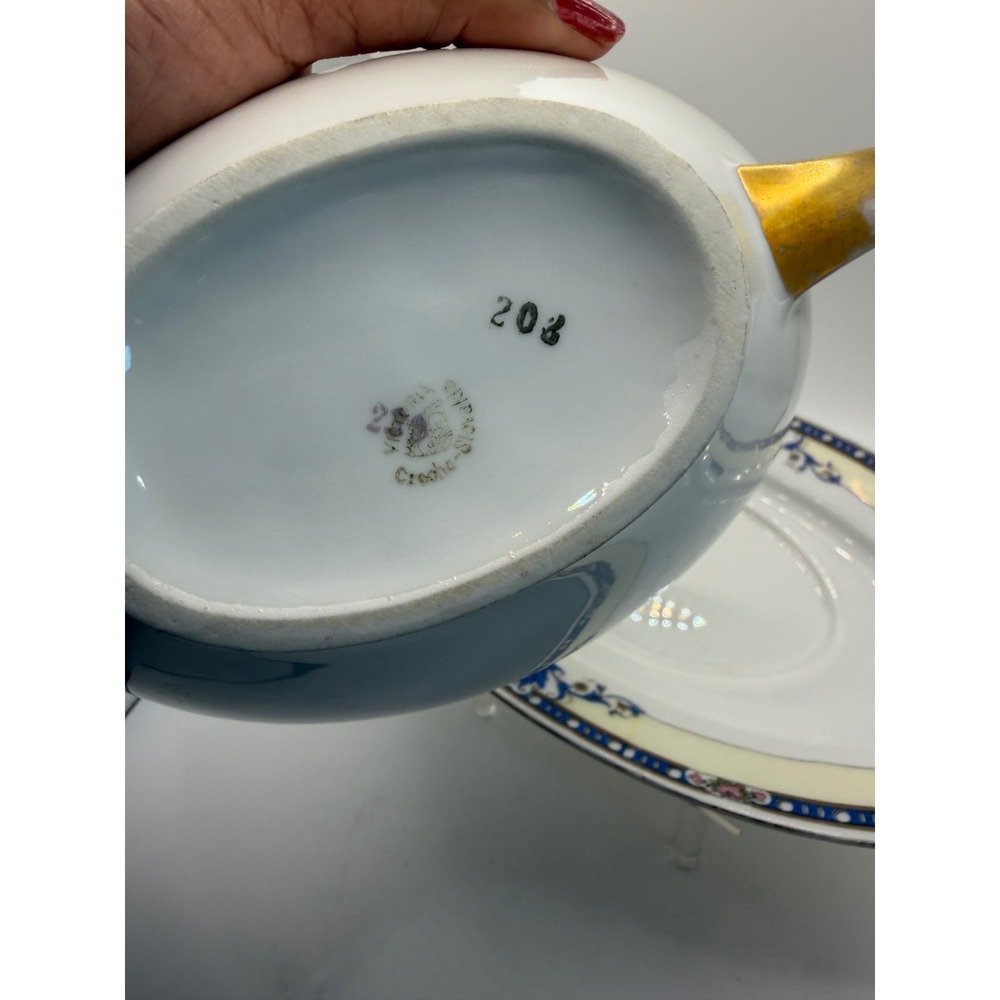 Victoria Czecho-Slovakia Gravy Boat Attached Underplate Gold Handle Blue Cream - Picture 4 of 6